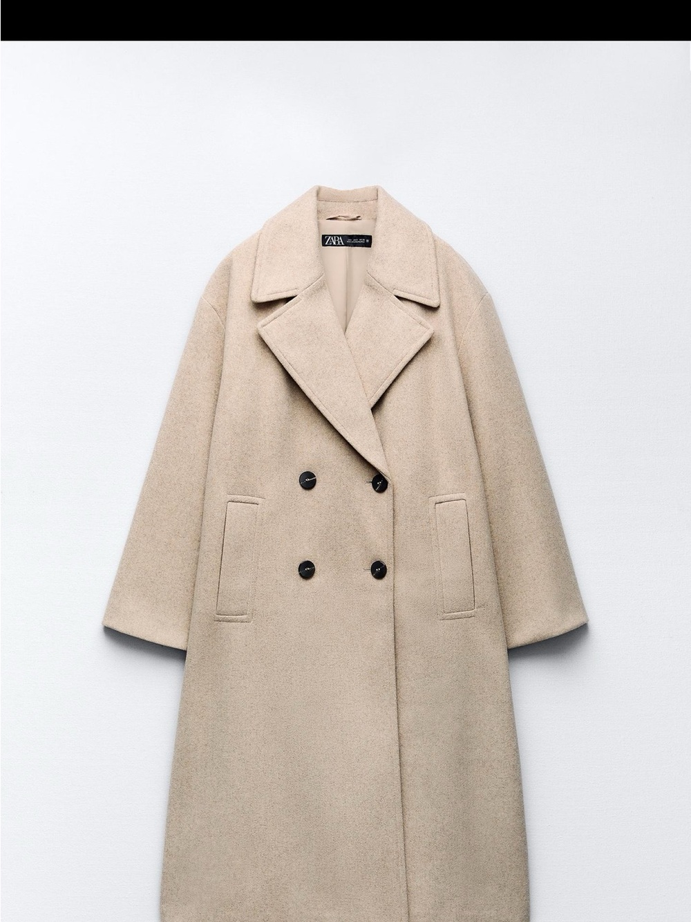 Zara Beige Double-Breasted Long Pea Coat- oversized fit